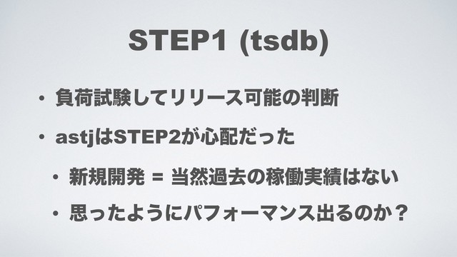 STEP1 (tsdb)
• ෛՙࢼݧͯ͠ϦϦʔεՄೳͷ൑அ
• astj͸STEP2͕৺഑ͩͬͨ
• ৽ن։ൃ = ౰વաڈͷՔಇ࣮੷͸ͳ͍
• ࢥͬͨΑ͏ʹύϑΥʔϚϯεग़Δͷ͔ʁ

