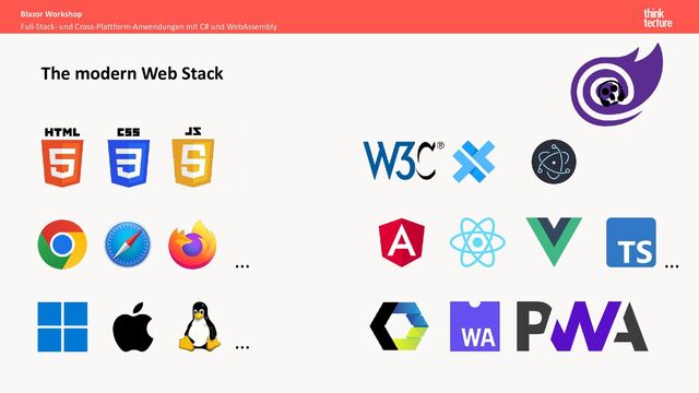 Blazor Workshop
Full-Stack- und Cross-Plattform-Anwendungen mit C# und WebAssembly
The modern Web Stack
…
…
…
