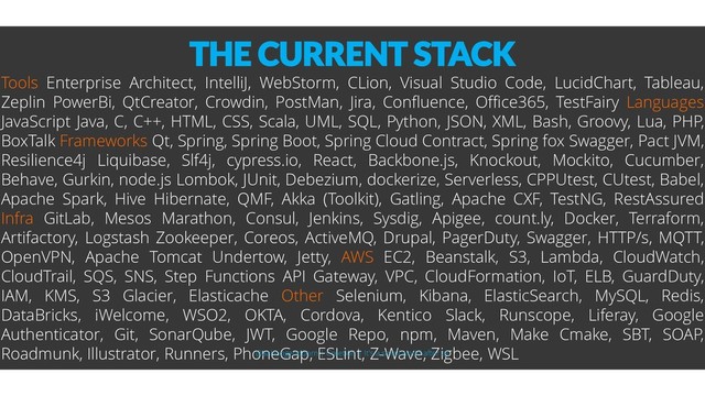 THE CURRENT STACK
Tools Enterprise Architect, IntelliJ, WebStorm, CLion, Visual Studio Code, LucidChart, Tableau,
Zeplin PowerBi, QtCreator, Crowdin, PostMan, Jira, Confluence, Office365, TestFairy Languages
JavaScript Java, C, C++, HTML, CSS, Scala, UML, SQL, Python, JSON, XML, Bash, Groovy, Lua, PHP,
BoxTalk Frameworks Qt, Spring, Spring Boot, Spring Cloud Contract, Spring fox Swagger, Pact JVM,
Resilience4j Liquibase, Slf4j, cypress.io, React, Backbone.js, Knockout, Mockito, Cucumber,
Behave, Gurkin, node.js Lombok, JUnit, Debezium, dockerize, Serverless, CPPUtest, CUtest, Babel,
Apache Spark, Hive Hibernate, QMF, Akka (Toolkit), Gatling, Apache CXF, TestNG, RestAssured
Infra GitLab, Mesos Marathon, Consul, Jenkins, Sysdig, Apigee, count.ly, Docker, Terraform,
Artifactory, Logstash Zookeeper, Coreos, ActiveMQ, Drupal, PagerDuty, Swagger, HTTP/s, MQTT,
OpenVPN, Apache Tomcat Undertow, Jetty, AWS EC2, Beanstalk, S3, Lambda, CloudWatch,
CloudTrail, SQS, SNS, Step Functions API Gateway, VPC, CloudFormation, IoT, ELB, GuardDuty,
IAM, KMS, S3 Glacier, Elasticache Other Selenium, Kibana, ElasticSearch, MySQL, Redis,
DataBricks, iWelcome, WSO2, OKTA, Cordova, Kentico Slack, Runscope, Liferay, Google
Authenticator, Git, SonarQube, JWT, Google Repo, npm, Maven, Make Cmake, SBT, SOAP,
Roadmunk, Illustrator, Runners, PhoneGap, ESLint, Z-Wave, Zigbee, WSL
@aahoogendoorn | Creetion | It's a small world after all
