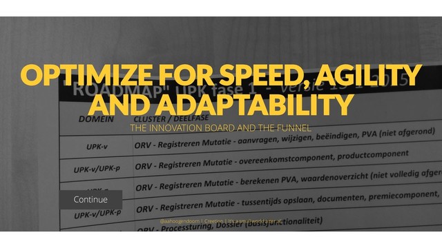 OPTIMIZE FOR SPEED, AGILITY
AND ADAPTABILITY
THE INNOVATION BOARD AND THE FUNNEL
@aahoogendoorn | Creetion | It's a small world after all
Continue
