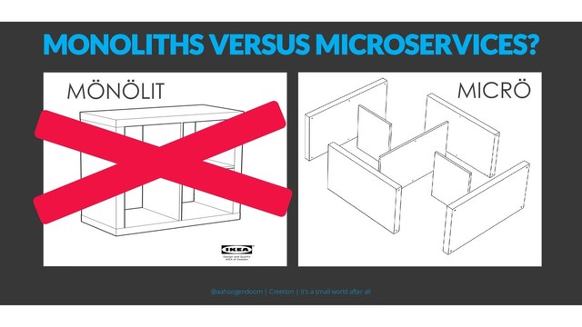 MONOLITHS VERSUS MICROSERVICES?
MÖNÖLIT MICRÖ
@aahoogendoorn | Creetion | It's a small world after all
