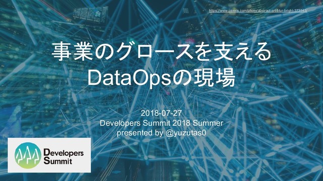 事業のグロースを支える
DataOpsの現場
2018-07-27
Developers Summit 2018 Summer
presented by @yuzutas0
https://www.pexels.com/photo/abstract-art-blur-bright-373543/
