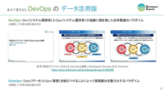あえて言うなら
DevOps の データ活用版
DevOps: Dev（システム開発者）と Ops（システム運用者）の協働に端を発した全体最適のパラダイム
と解釈して今回は話を進めます
参考「経営のアジリティを支える DevOpsと組織」（Developers Summit 2015 Summer）
https://www.slideshare.net/recruitcojp/devops-51085988
DataOps: Data（データ）とOps（業務）を結びつけることによって価値創出を最大化するパラダイム
と解釈して今回は話を進めます
12

