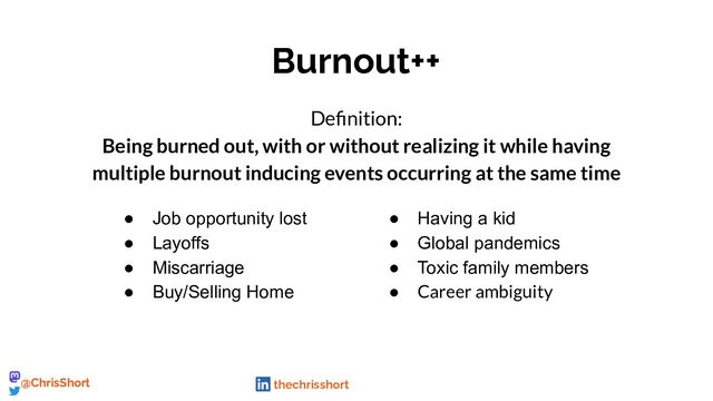 Deﬁnition:
Being burned out, with or without realizing it while having
multiple burnout inducing events occurring at the same time
● Having a kid
● Global pandemics
● Toxic family members
● Career ambiguity
● Job opportunity lost
● Layoffs
● Miscarriage
● Buy/Selling Home
Burnout++
chrisshort.net
@ChrisShort chrisshort.net
@ChrisShort thechrisshort
