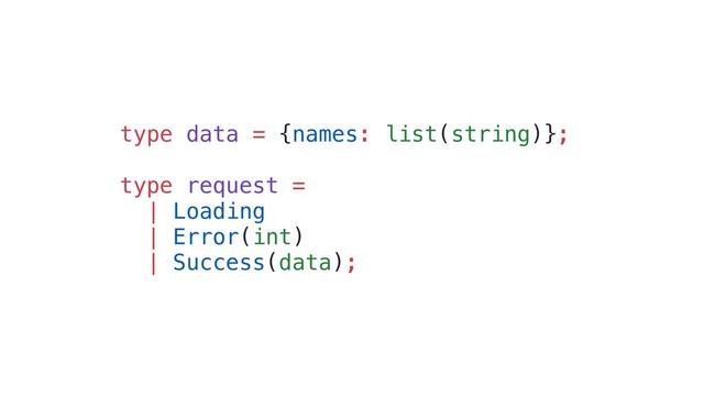 type data = {names: list(string)};
type request =
| Loading
| Error(int)
| Success(data);
