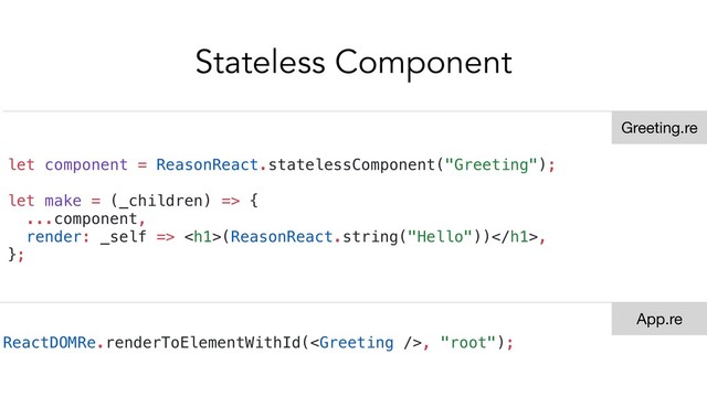 Stateless Component
let component = ReasonReact.statelessComponent("Greeting");
let make = (_children) => {
...component,
render: _self => <h1>(ReasonReact.string("Hello"))</h1>,
};
ReactDOMRe.renderToElementWithId(, "root");
Greeting.re
App.re

