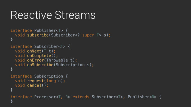 Reactive Streams
interface Publisher { 
void subscribe(Subscriber super T> s); 
}A
interface Subscriber { 
void onNext(T t); 
void onComplete(); 
void onError(Throwable t); 
void onSubscribe(Subscription s); 
}B
interface Subscription { 
void request(long n); 
void cancel(); 
}C
interface Processor extends Subscriber, Publisher { 
}D 
