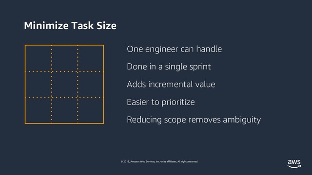 © 2019, Amazon Web Services, Inc. or its affiliates. All rights reserved.
Minimize Task Size
One engineer can handle
Adds incremental value
Done in a single sprint
Reducing scope removes ambiguity
Easier to prioritize
