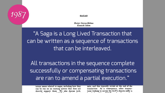 1987
“A Saga is a Long Lived Transaction that
can be written as a sequence of transactions
that can be interleaved.
All transactions in the sequence complete
successfully or compensating transactions
are ran to amend a partial execution.”
