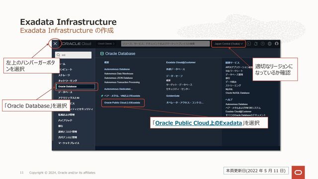 Exadata Infrastructure の作成
Exadata Infrastructure
Copyright © 2024, Oracle and/or its affiliates
11
「Oracle Public Cloud上のExadata」を選択
左上のハンバーガーボタ
ンを選択
「Oracle Database」を選択
本⾴更新⽇(2022 年 5 ⽉ 11 ⽇)
適切なリージョンに
なっているか確認
