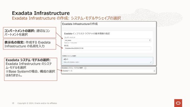 Exadata Infrastructure の作成: システム・モデルやシェイプの選択
Exadata Infrastructure
Copyright © 2024, Oracle and/or its affiliates
18
コンパートメントの選択: 適切なコン
パートメントを選択
表⽰名の指定: 作成する Exadata
Infrastructure の名前を⼊⼒
Exadata システム・モデルの選択:
Exadata Infrastructure のシステ
ム・モデルを選択
※Base Systemの場合、構成の選択
はありません。
