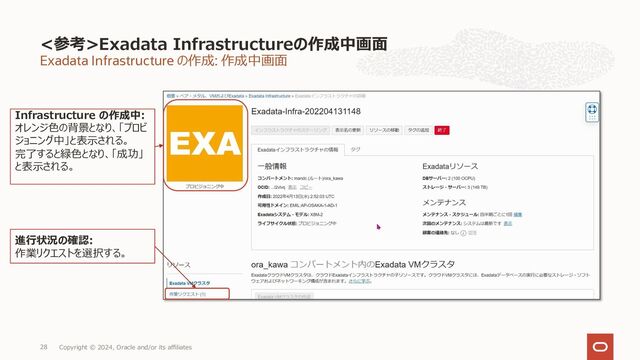 Exadata Infrastructure の作成: 作成中画⾯
<参考>Exadata Infrastructureの作成中画⾯
Copyright © 2024, Oracle and/or its affiliates
28
Infrastructure の作成中:
オレンジ⾊の背景となり、「プロビ
ジョニング中」と表⽰される。
完了すると緑⾊となり、「成功」
と表⽰される。
進⾏状況の確認:
作業リクエストを選択する。
