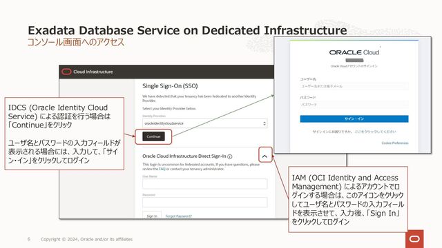 Exadata Database Service on Dedicated Infrastructure
Copyright © 2024, Oracle and/or its affiliates
6
IAM (OCI Identity and Access
Management) によるアカウントでロ
グインする場合は、このアイコンをクリック
してユーザ名とパスワードの⼊⼒フィール
ドを表⽰させて、⼊⼒後、「Sign In」
をクリックしてログイン
IDCS (Oracle Identity Cloud
Service) による認証を⾏う場合は
「Continue」をクリック
ユーザ名とパスワードの⼊⼒フィールドが
表⽰される場合には、⼊⼒して、「サイ
ン・イン」をクリックしてログイン
コンソール画⾯へのアクセス
