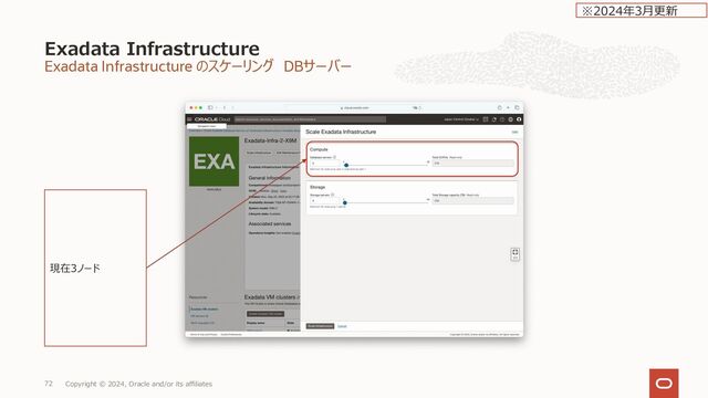 Exadata Infrastructure の削除
Exadata Infrastructure
Copyright © 2024, Oracle and/or its affiliates
79
Exadata
Infrastructure︓
Exadata Infrastructureを
選択し、⼀覧が表⽰する。
表⽰名:
削除したいExadata
Infrastructureの表⽰名を選
択する。
コンパートメント:
削除したいExadata
Infrastructureのコンパートメ
ントを選択する。
適切なリージョン
になっているか確
認
