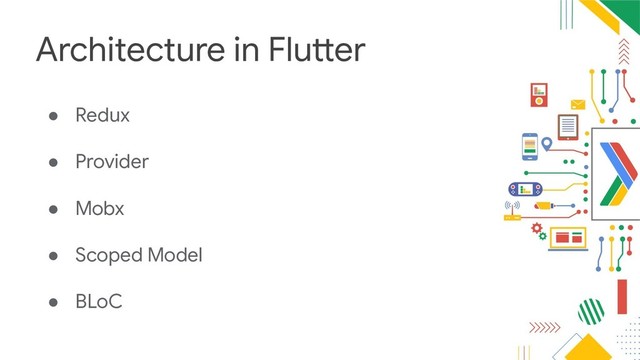 Architecture in Flutter
● Redux
● Provider
● Mobx
● Scoped Model
● BLoC
