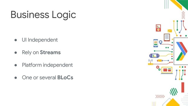 Business Logic
● UI Independent
● Rely on Streams
● Platform independent
● One or several BLoCs
