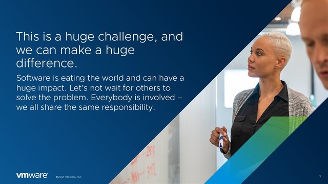 3
©2021 VMware, Inc.
This is a huge challenge, and
we can make a huge
difference.
Software is eating the world and can have a
huge impact. Let’s not wait for others to
solve the problem. Everybody is involved –
we all share the same responsibility.
