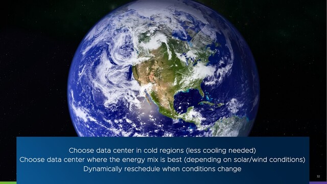 ©2021 VMware, Inc. 32
Choose data center in cold regions (less cooling needed)
Choose data center where the energy mix is best (depending on solar/wind conditions)
Dynamically reschedule when conditions change
