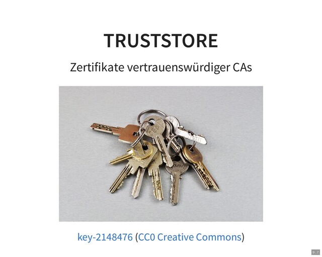 TRUSTSTORE
Zertifikate vertrauenswürdiger CAs
( )
key-2148476 CC0 Creative Commons
9 . 7
