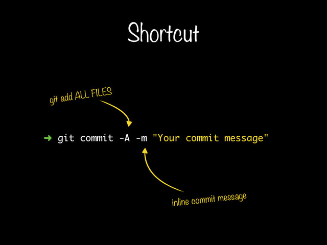➜ git commit -A -m "Your commit message"
Shortcut
git add ALL FILES
inline commit message

