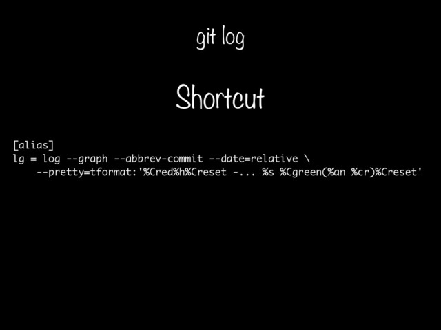 [alias]
lg = log --graph --abbrev-commit --date=relative \
--pretty=tformat:'%Cred%h%Creset -... %s %Cgreen(%an %cr)%Creset'
git log
Shortcut
