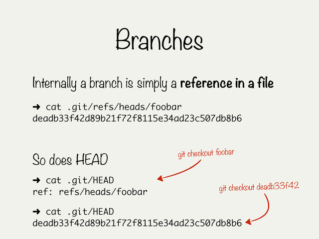 Branches
Internally a branch is simply a reference in a file
➜ cat .git/refs/heads/foobar
deadb33f42d89b21f72f8115e34ad23c507db8b6
➜ cat .git/HEAD
ref: refs/heads/foobar
So does HEAD
➜ cat .git/HEAD
deadb33f42d89b21f72f8115e34ad23c507db8b6
git checkout foobar
git checkout deadb33f42
