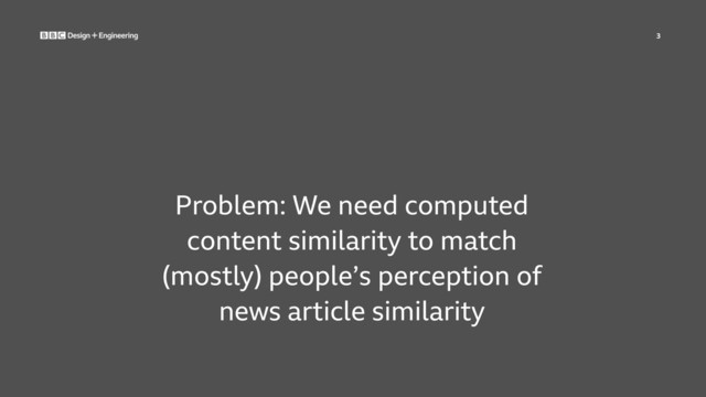 3
Problem: We need computed
content similarity to match
(mostly) people’s perception of
news article similarity
