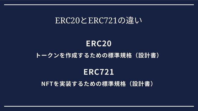 ERC20
とERC721
の違い
ERC20
トークンを作成するための標準規格（設計書）
ERC721
NFTを実装するための標準規格（設計書）

