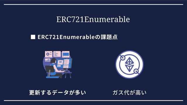 ERC721Enumerable
更新するデータが多い ガス代が高い
■ ERC721Enumerableの課題点
