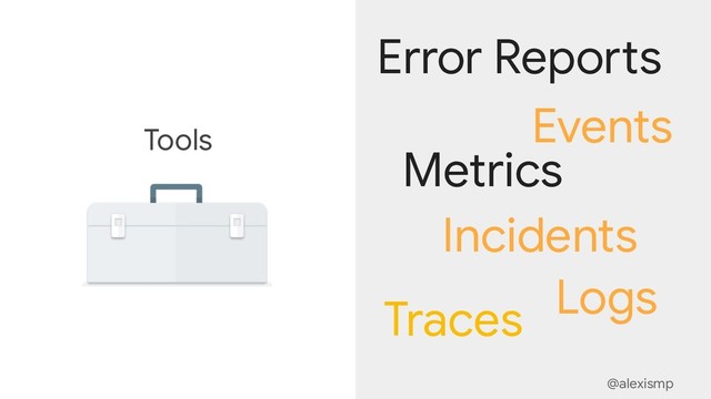 @alexismp
Tools
@alexismp
Metrics
Logs
Error Reports
Events
Incidents
Traces
