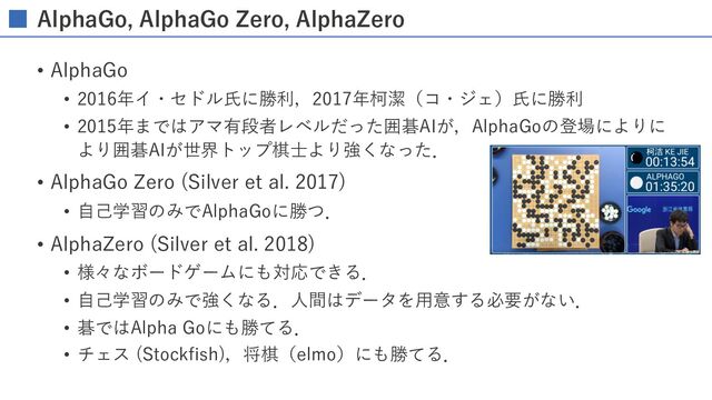 AlphaGo, AlphaGo Zero, AlphaZero
• AlphaGo
• 2016年イ・セドル⽒に勝利，2017年柯潔（コ・ジェ）⽒に勝利
• 2015年まではアマ有段者レベルだった囲碁AIが，AlphaGoの登場によりに
より囲碁AIが世界トップ棋⼠より強くなった．
• AlphaGo Zero (Silver et al. 2017)
• ⾃⼰学習のみでAlphaGoに勝つ．
• AlphaZero (Silver et al. 2018)
• 様々なボードゲームにも対応できる．
• ⾃⼰学習のみで強くなる．⼈間はデータを⽤意する必要がない．
• 碁ではAlpha Goにも勝てる．
• チェス (Stockfish)，将棋（elmo）にも勝てる．
