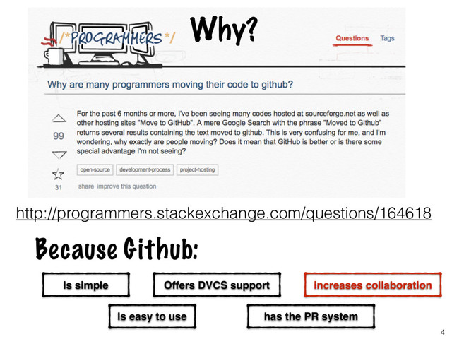 Why?
http://programmers.stackexchange.com/questions/164618
Is simple
Is easy to use
Because Github:
Offers DVCS support
has the PR system
increases collaboration
4

