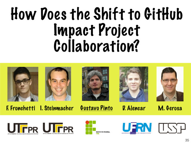 How Does the Shift to GitHub
Impact Project
Collaboration?
Gustavo Pinto
I. Steinmacher M. Gerosa
F. Fronchetti D. Alencar
35
