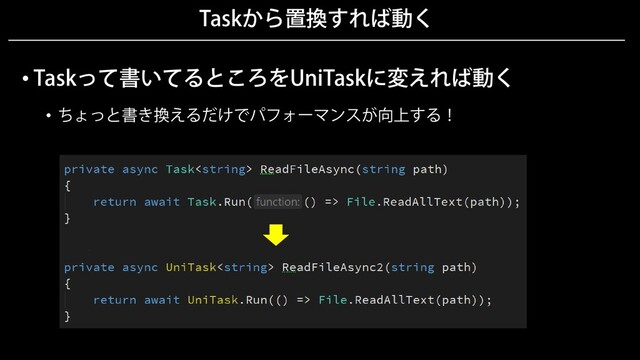 Taskから置換すれば動く
• Taskって書いてるところをUniTaskに変えれば動く
• ちょっと書き換えるだけでパフォーマンスが向上する！
