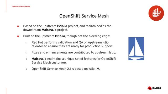 OpenShift Service Mesh
OpenShift Service Mesh
● Based on the upstream Istio.io project, and maintained as the
downstream Maistra.io project.
● Built on the upstream Istio.io, though not the bleeding edge:
○ Red Hat performs validation and QA on upstream Istio
releases to ensure they are ready for production support.
○ Fixes and enhancements are contributed to upstream Istio.
○ Maistra.io maintains a unique set of features for OpenShift
Service Mesh customers.
○ OpenShift Service Mesh 2.1 is based on Istio 1.9.
