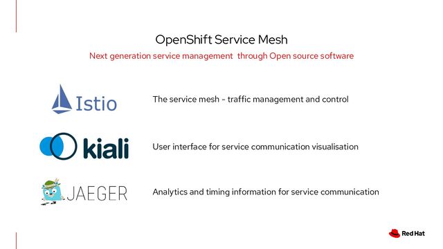 OpenShift Service Mesh
Next generation service management through Open source software
The service mesh - traffic management and control
User interface for service communication visualisation
Analytics and timing information for service communication
