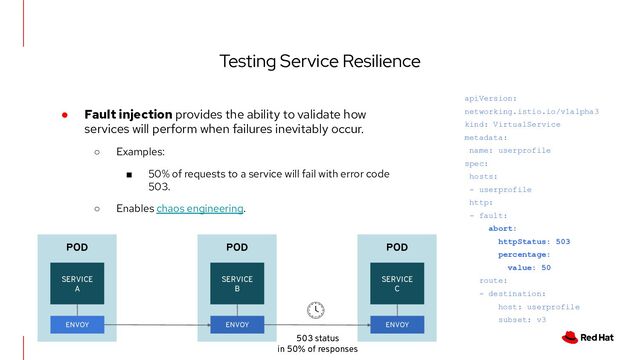 Testing Service Resilience
● Fault injection provides the ability to validate how
services will perform when failures inevitably occur.
○ Examples:
■ 50% of requests to a service will fail with error code
503.
○ Enables chaos engineering.
apiVersion:
networking.istio.io/v1alpha3
kind: VirtualService
metadata:
name: userprofile
spec:
hosts:
- userprofile
http:
- fault:
abort:
httpStatus: 503
percentage:
value: 50
route:
- destination:
host: userprofile
subset: v3
POD
SERVICE
A
ENVOY
POD
SERVICE
B
ENVOY
POD
SERVICE
C
ENVOY
503 status
in 50% of responses
