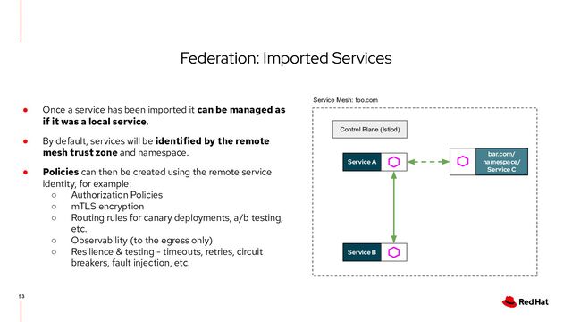 Federation: Imported Services
53
● Once a service has been imported it can be managed as
if it was a local service.
● By default, services will be identified by the remote
mesh trust zone and namespace.
● Policies can then be created using the remote service
identity, for example:
○ Authorization Policies
○ mTLS encryption
○ Routing rules for canary deployments, a/b testing,
etc.
○ Observability (to the egress only)
○ Resilience & testing - timeouts, retries, circuit
breakers, fault injection, etc.
Service A
Service B
Service Mesh: foo.com
bar.com/
namespace/
Service C
Control Plane (Istiod)
