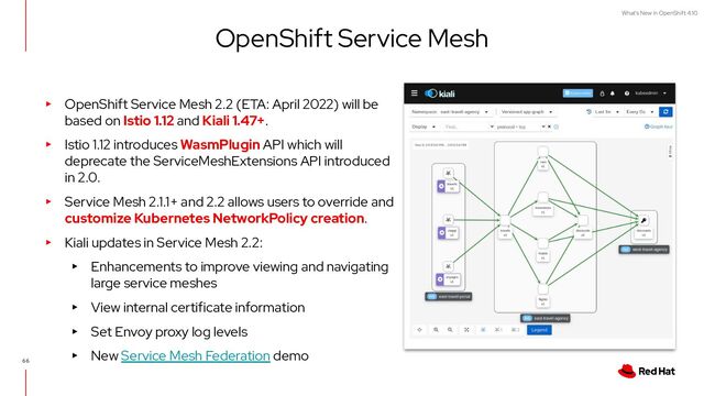 What's New in OpenShift 4.10
66
OpenShift Service Mesh
▸ OpenShift Service Mesh 2.2 (ETA: April 2022) will be
based on Istio 1.12 and Kiali 1.47+.
▸ Istio 1.12 introduces WasmPlugin API which will
deprecate the ServiceMeshExtensions API introduced
in 2.0.
▸ Service Mesh 2.1.1+ and 2.2 allows users to override and
customize Kubernetes NetworkPolicy creation.
▸ Kiali updates in Service Mesh 2.2:
▸ Enhancements to improve viewing and navigating
large service meshes
▸ View internal certificate information
▸ Set Envoy proxy log levels
▸ New Service Mesh Federation demo
