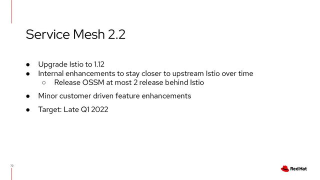 Service Mesh 2.2
72
● Upgrade Istio to 1.12
● Internal enhancements to stay closer to upstream Istio over time
○ Release OSSM at most 2 release behind Istio
● Minor customer driven feature enhancements
● Target: Late Q1 2022

