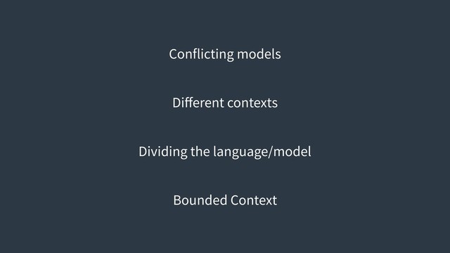 Conflicting models
Diﬀerent contexts
Dividing the language/model
Bounded Context
