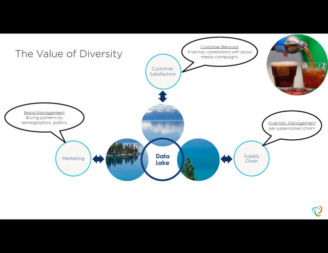 The Value of Diversity
Data
Lake
Supply
Chain
Marketing
Customer
Satisfaction
Inventory Management
per supermarket chain!
Customer Behavior  
Inventory correlations with social
media campaigns.
Brand Management
Buying patterns by
demographics, politics.
