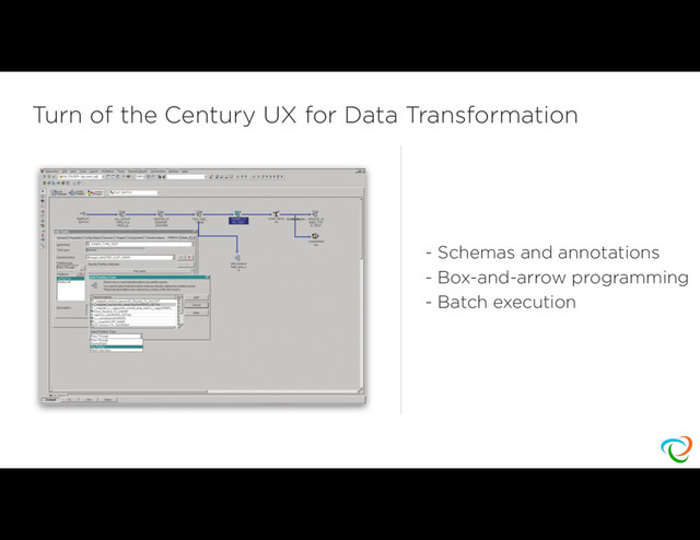Turn of the Century UX for Data Transformation
- Schemas and annotations
- Box-and-arrow programming
- Batch execution
