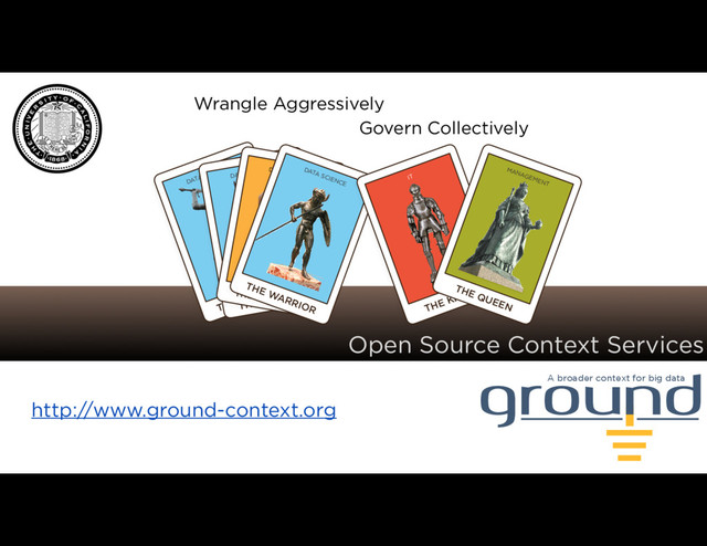 Open Source Context Services
http://www.ground-context.org
ground
A broader context for big data
THE WARRIOR
DATA SCIENCE
THE WARRIOR
DATA SCIENCE
Wrangle Aggressively
Govern Collectively
THE WARRIOR
DATA SCIENCE
THE WARRIOR
DATA SCIENCE
THE KNIGHT
IT
THE QUEEN
MANAGEMENT
