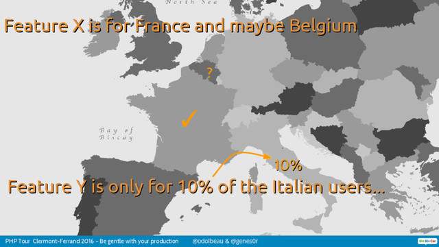 PHP Tour Clermont-Ferrand 2016 - Be gentle with your production @odolbeau & @genes0r
Feature Y is only for 10% of the Italian users...
Feature Y is only for 10% of the Italian users...
Feature X is for France and maybe Belgium
Feature X is for France and maybe Belgium
✓
?
10%
10%
