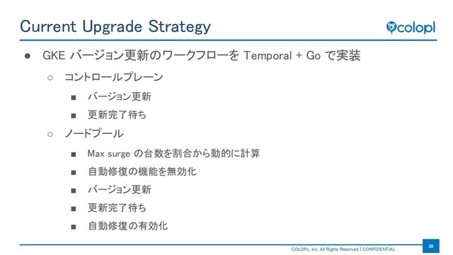 　　　　　　　　　
COLOPL, Inc. All Rights Reserved｜CONFIDENTIAL
29 
Current Upgrade Strategy 
● GKE バージョン更新のワークフローを Temporal + Go で実装 
○ コントロールプレーン 
■ バージョン更新 
■ 更新完了待ち 
○ ノードプール 
■ Max surge の台数を割合から動的に計算
 
■ 自動修復の機能を無効化 
■ バージョン更新 
■ 更新完了待ち 
■ 自動修復の有効化 
