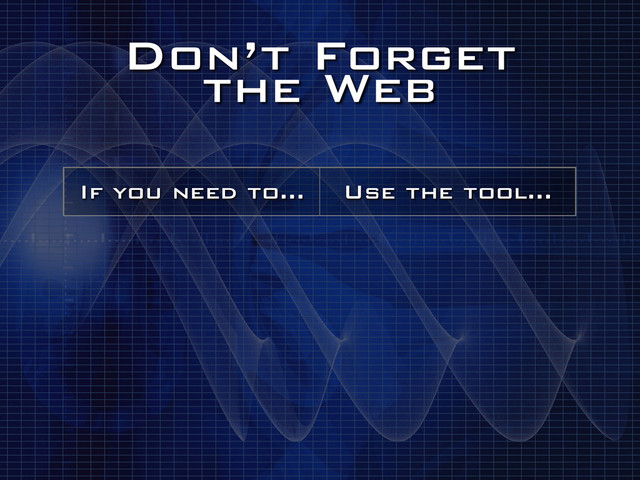 Don’t Forget
the Web
If you need to… Use the tool…
