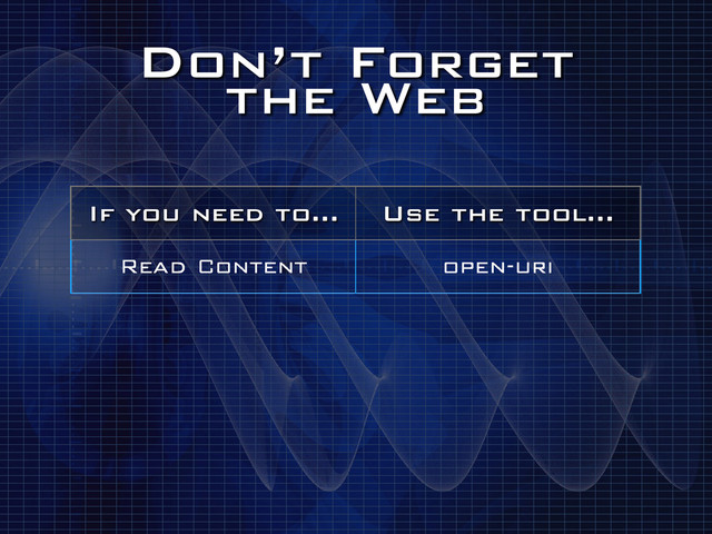 Don’t Forget
the Web
If you need to… Use the tool…
Read Content open-uri
