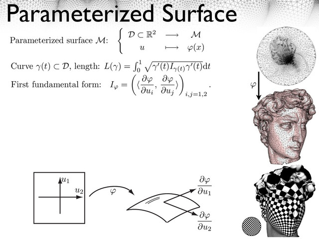 Parameterized Surface
First fundamental form: I = ⇥
⇥ui
,
⇥
⇥uj
⇥
⇥
i,j=1,2
.
Parameterized surface M: D ⇥ R2 ⇤ M
u ⌅ ⇤ (x)
u1
u2
⇥
⇥u1
⇥
⇥u2
Curve (t) D, length: L( ) = 1
0
⇥
(t)I (t)
(t)dt
