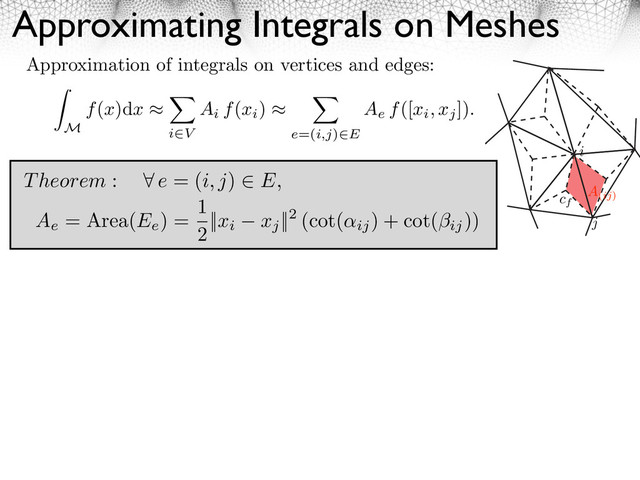 Approximating Integrals on Meshes
Approximation of integrals on vertices and edges:
⇥
M
f(x)dx
i V
Ai f(xi
)
e=(i,j) E
Ae f([xi, xj
]).
Theorem : ⇥ e = (i, j) E,
Ae
= Area(Ee
) =
1
2
||xi xj
||2 (cot(
ij
) + cot(⇥ij
))
i
j
A(ij)
cf
